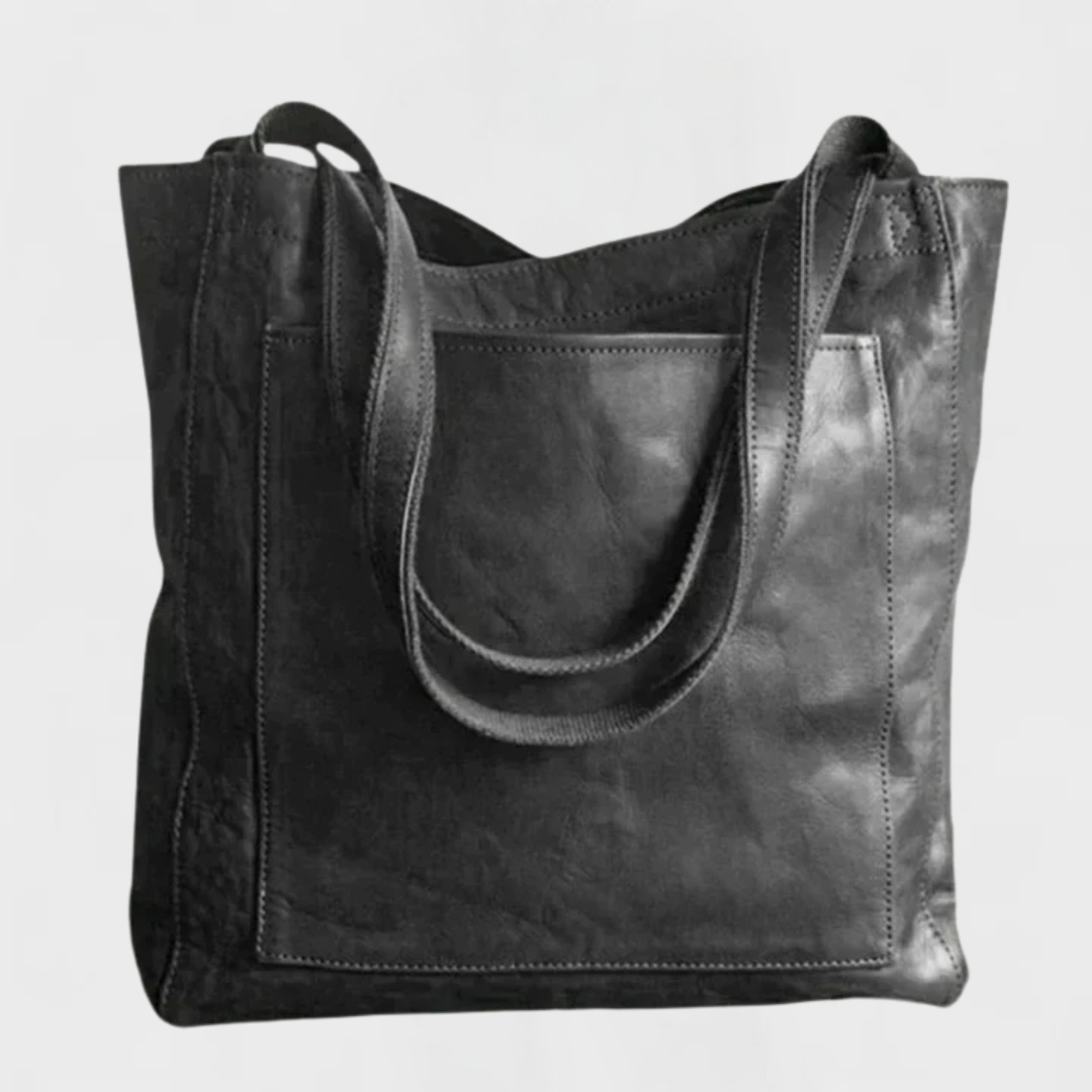 Elegante Lederhandtasche, schwarz, breite Schulterriemen, Fronttasche mit Kappnaht.