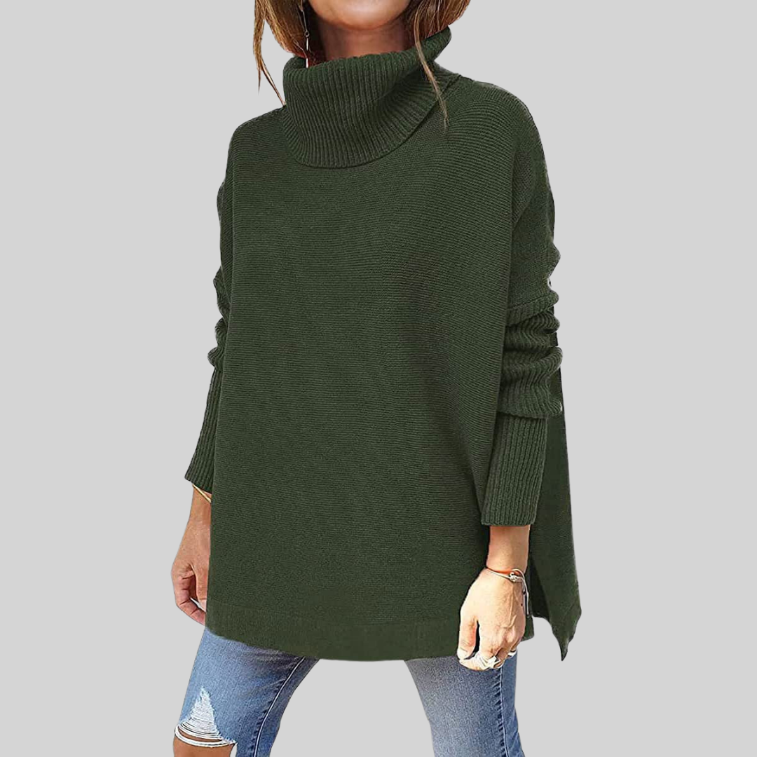 Oversize-Pullover mit Rollkragen, dunkelgrün, lange Ärmel, Rippbündchen