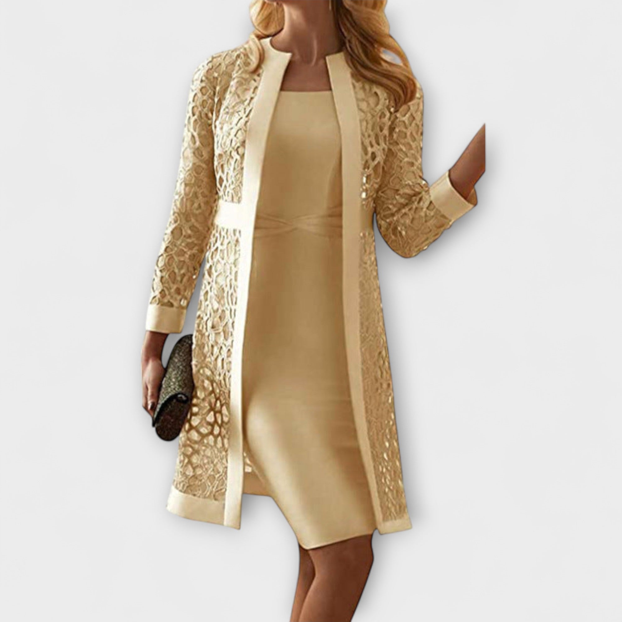 Champagnerfarbenes zweitesiliges Spitzenkleid: Kleid mit offenem Spitzenmantel, lange Ärmel