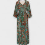 Bedrucktes Damenkleid mit V-Ausschnitt, 3/4-Ärmeln und Paisley-Muster, weit schwingender Rock