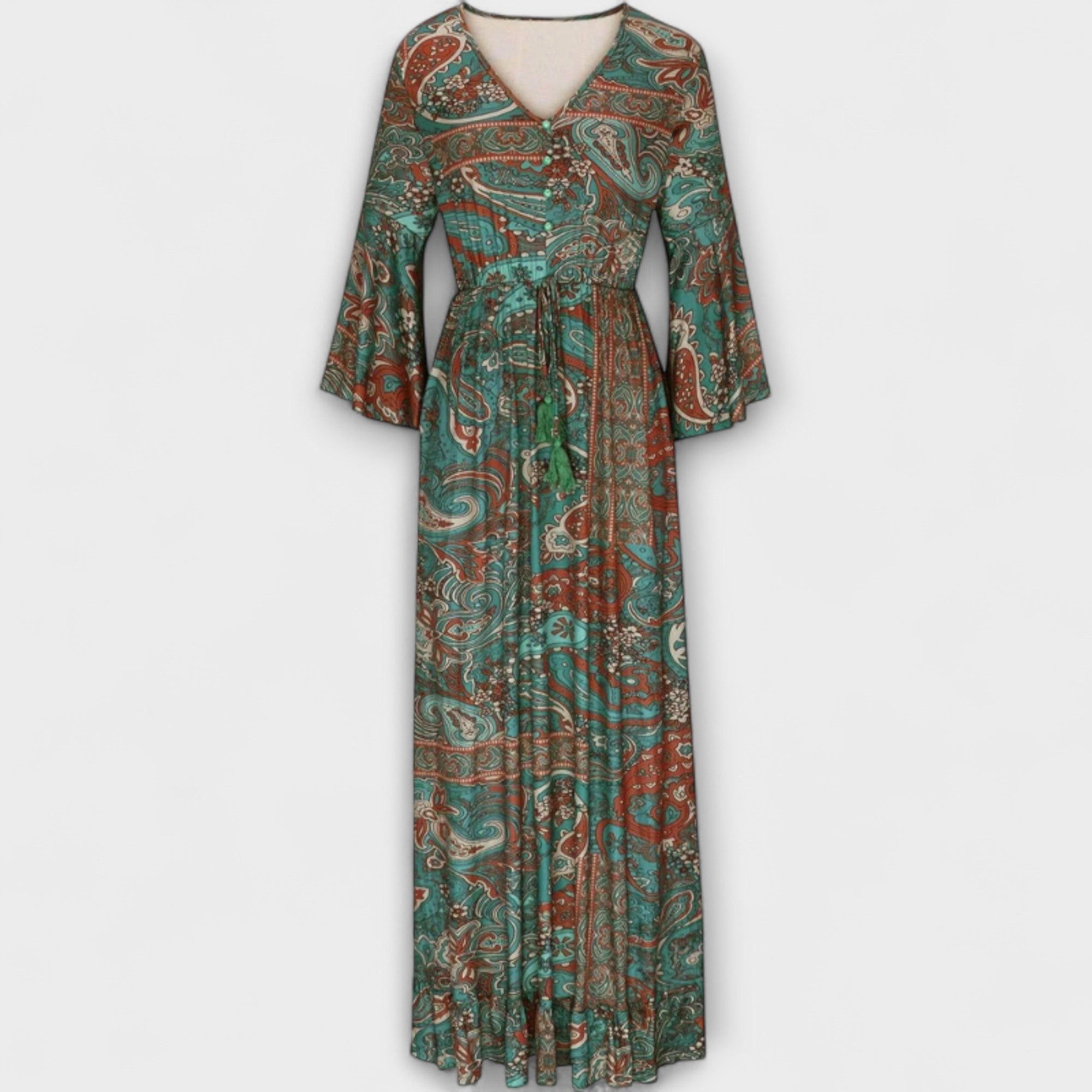 Bedrucktes Damenkleid mit V-Ausschnitt, 3/4-Ärmeln und Paisley-Muster, weit schwingender Rock
