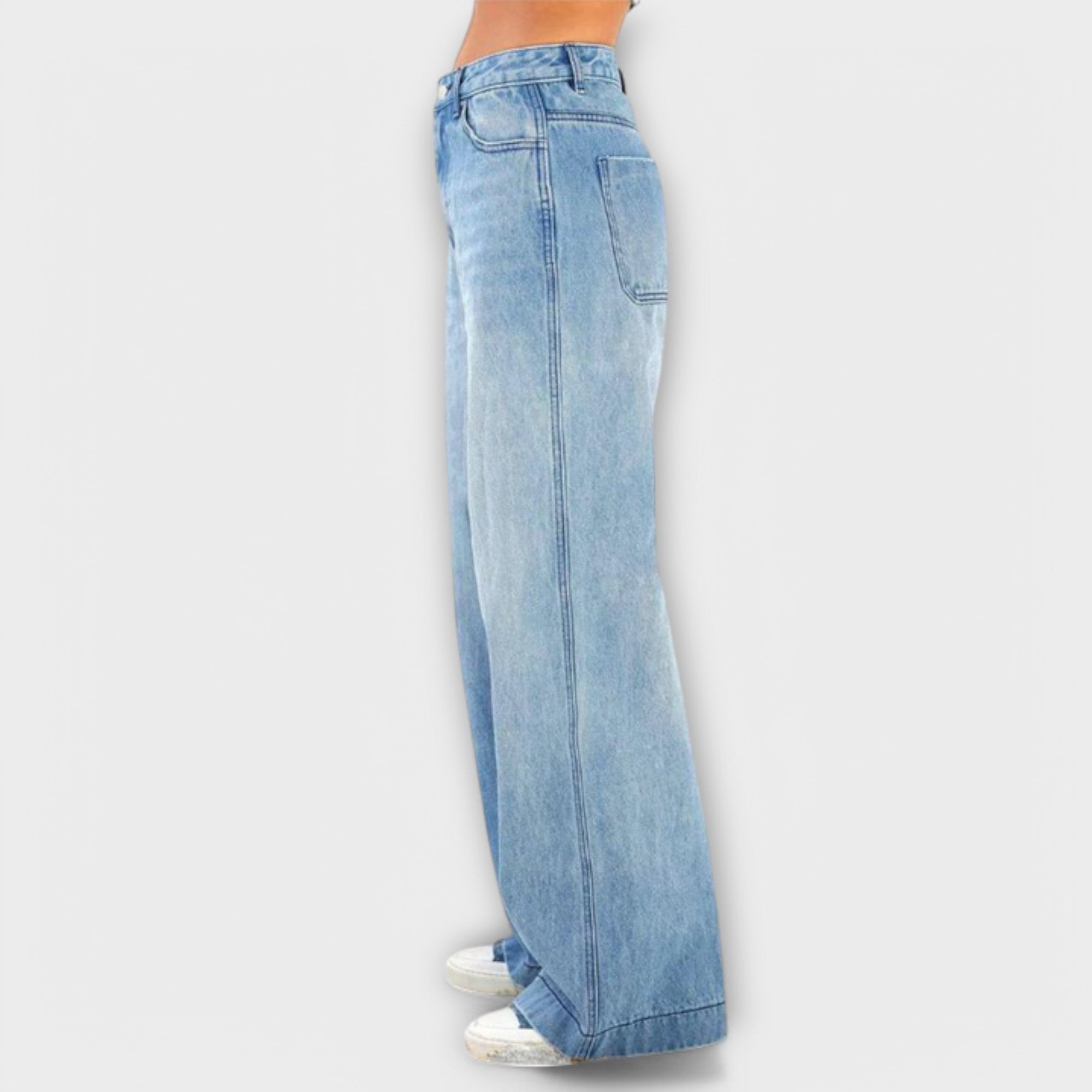 Marem Damen-Baggy-Jeanshose hellblau mit seitlicher Tasche und weitem, geradem Bein