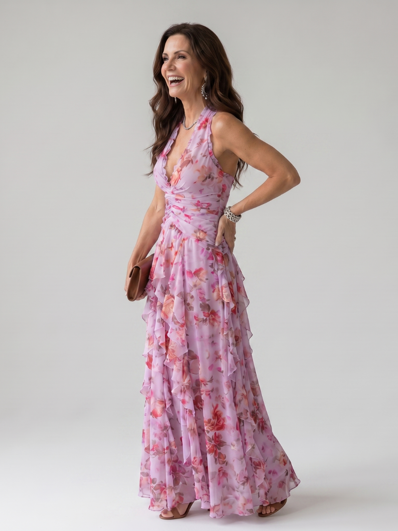 Halterneck-Rüschentop Maxikleid, pinkes Floral, seitliche Ansicht, Volants am Rock
