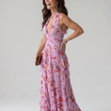 Halterneck-Rüschentop Maxikleid, pinkes Floral, seitliche Ansicht, Volants am Rock