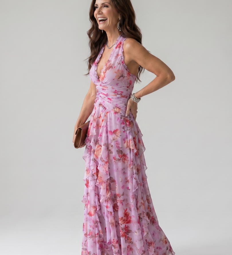 Halterneck-Rüschentop Maxikleid, pinkes Floral, seitliche Ansicht, Volants am Rock