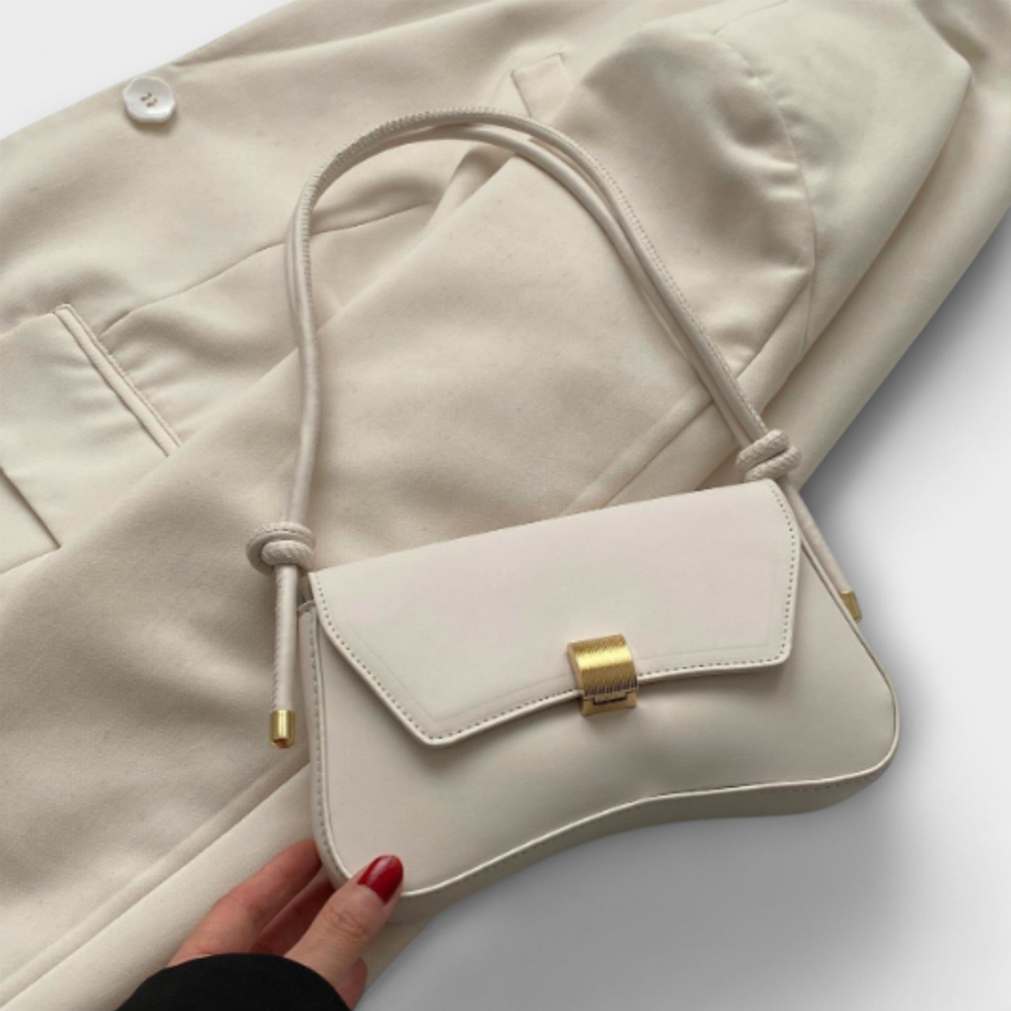 Vintage-Klapptasche in Beige mit goldfarbener Schnalle und kurzem Schulterriemen