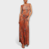 Schimmernder Mesh-Bodysuit, ärmellos, Rundhals, orange-braunes Wellenmuster