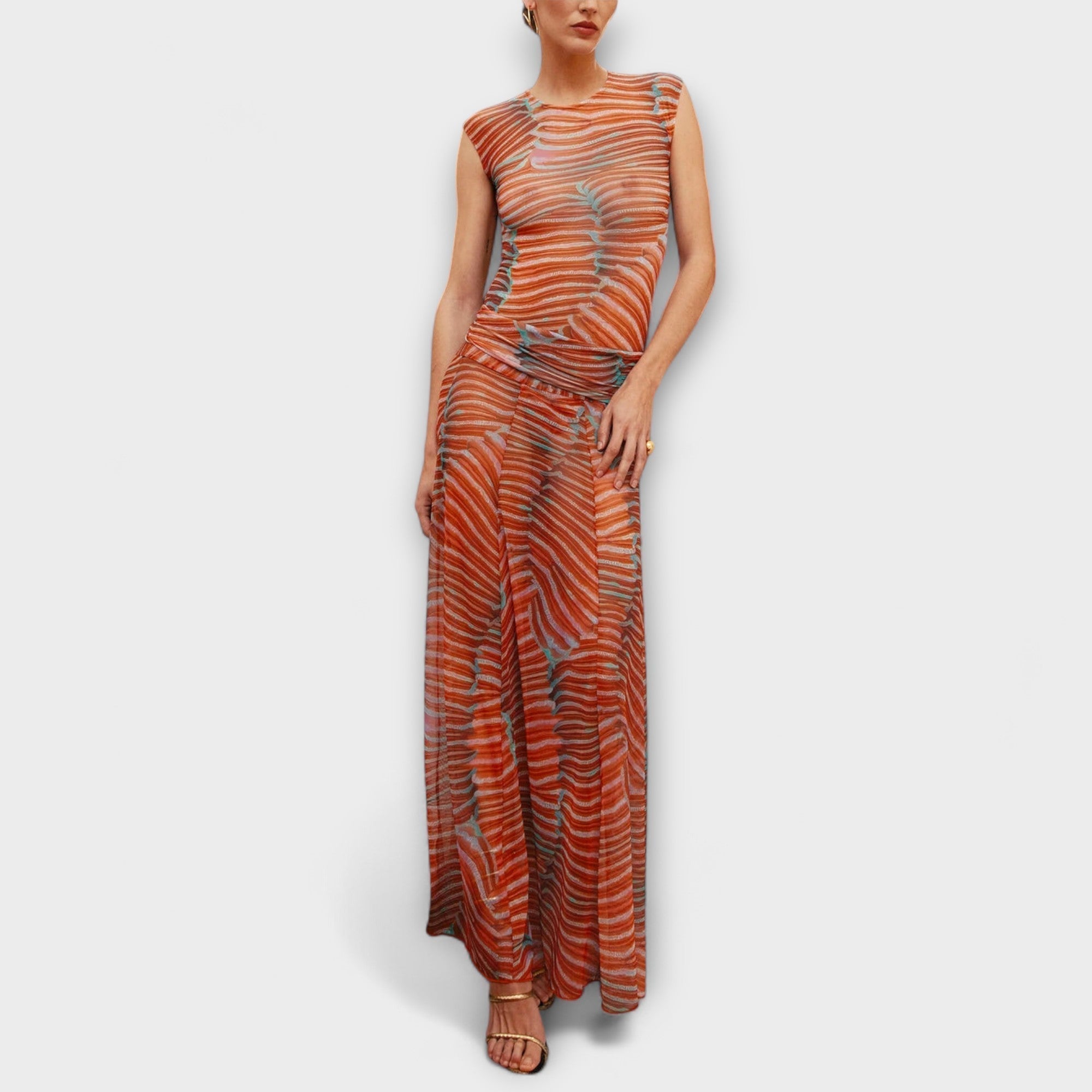 Schimmernder Mesh-Bodysuit, ärmellos, Rundhals, orange-braunes Wellenmuster