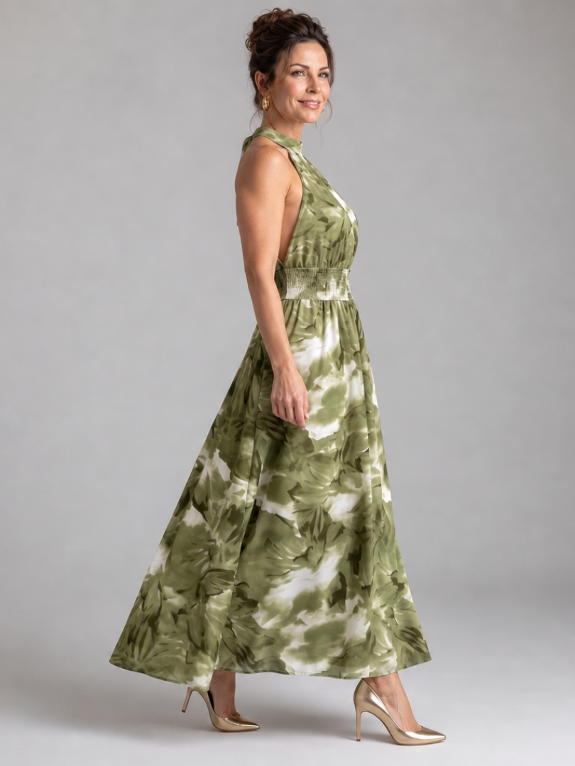 Grünes Midi-Kleid mit geraffter Taille und abstraktem Blattdruck, ärmellos, hoher Hals, seitlich