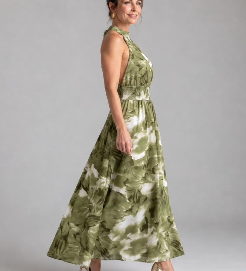 Grünes Midi-Kleid mit geraffter Taille und abstraktem Blattdruck, ärmellos, hoher Hals, seitlich