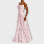Rosa Maxikleid mit Jacquardmuster und schwingendem Rock, schmale Träger