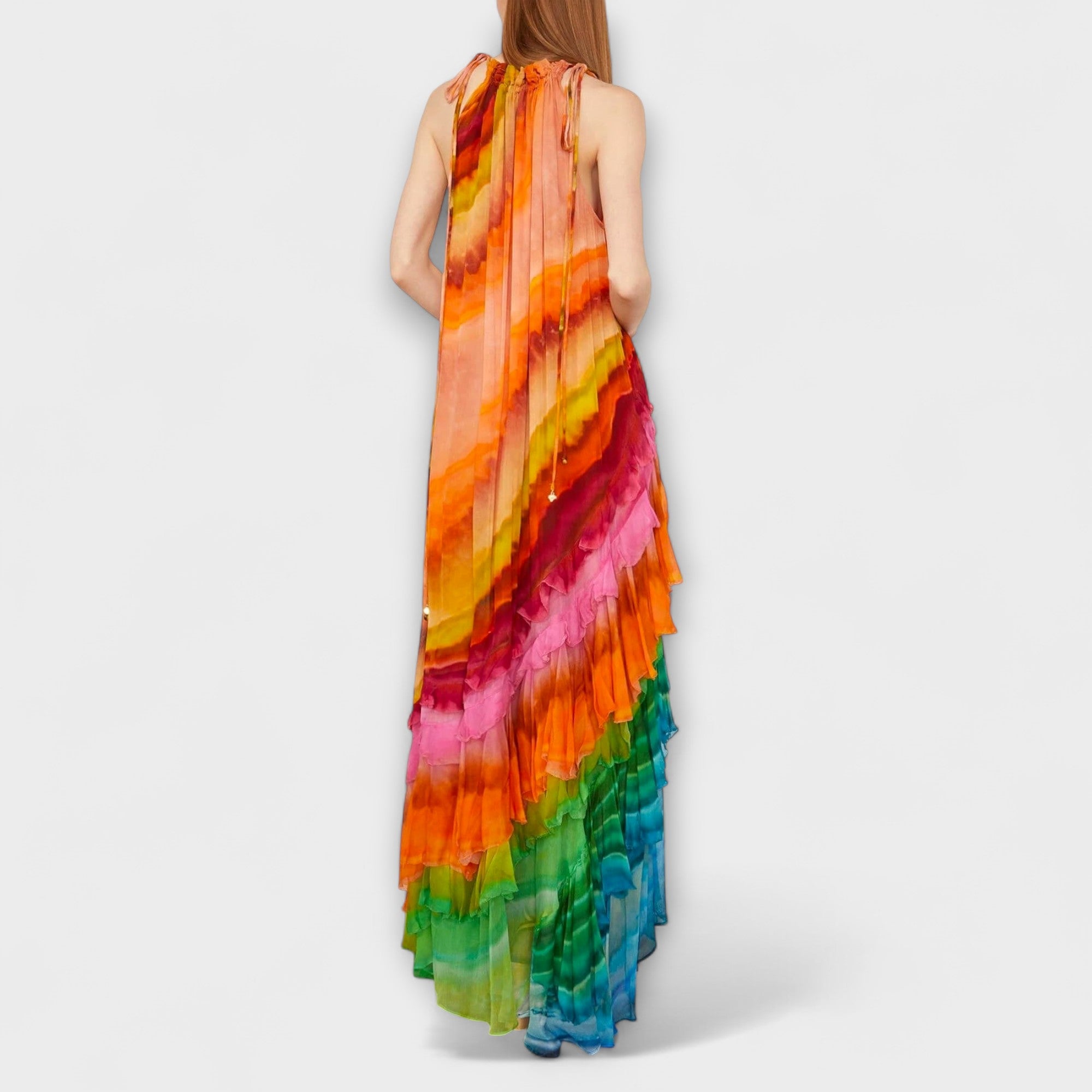 Maxikleid mit Volantbesatz, ärmellos, Hochhals, Rückansicht, buntes Farbverlauf-Muster