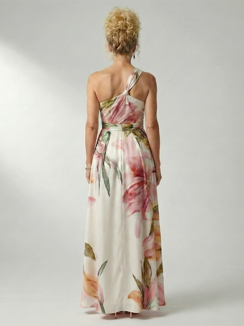 Rückenansicht vom Maxikleid mit Blumenprint und Neckholder-Bindung, hellrosa