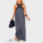 Delphine Crossover-Maxikleid, ärmellos, Wickel-Ausschnitt, breiten Trägern, grau