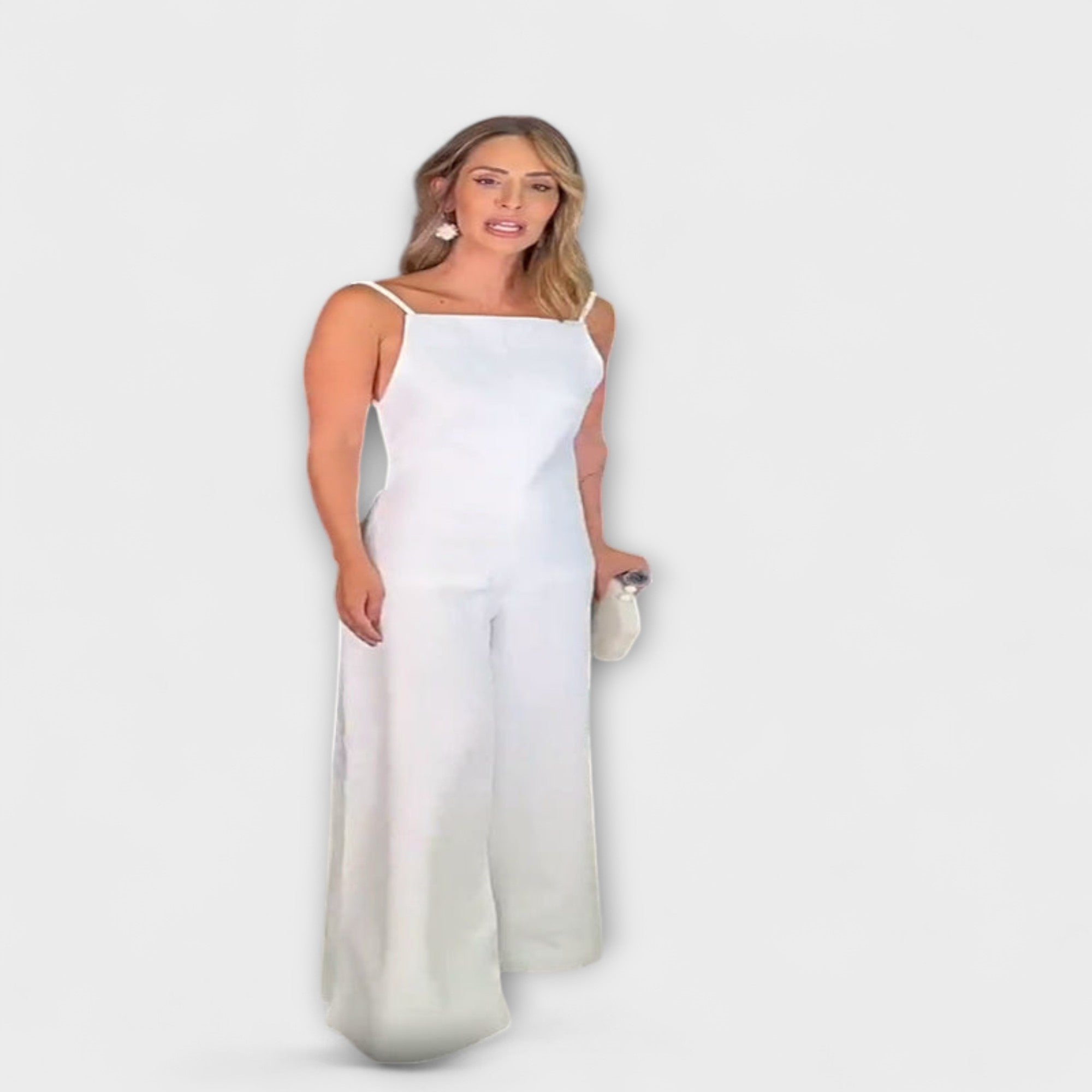 Weißer Halter-Jumpsuit mit breiten Trägern und weitem Bein, knöchellang