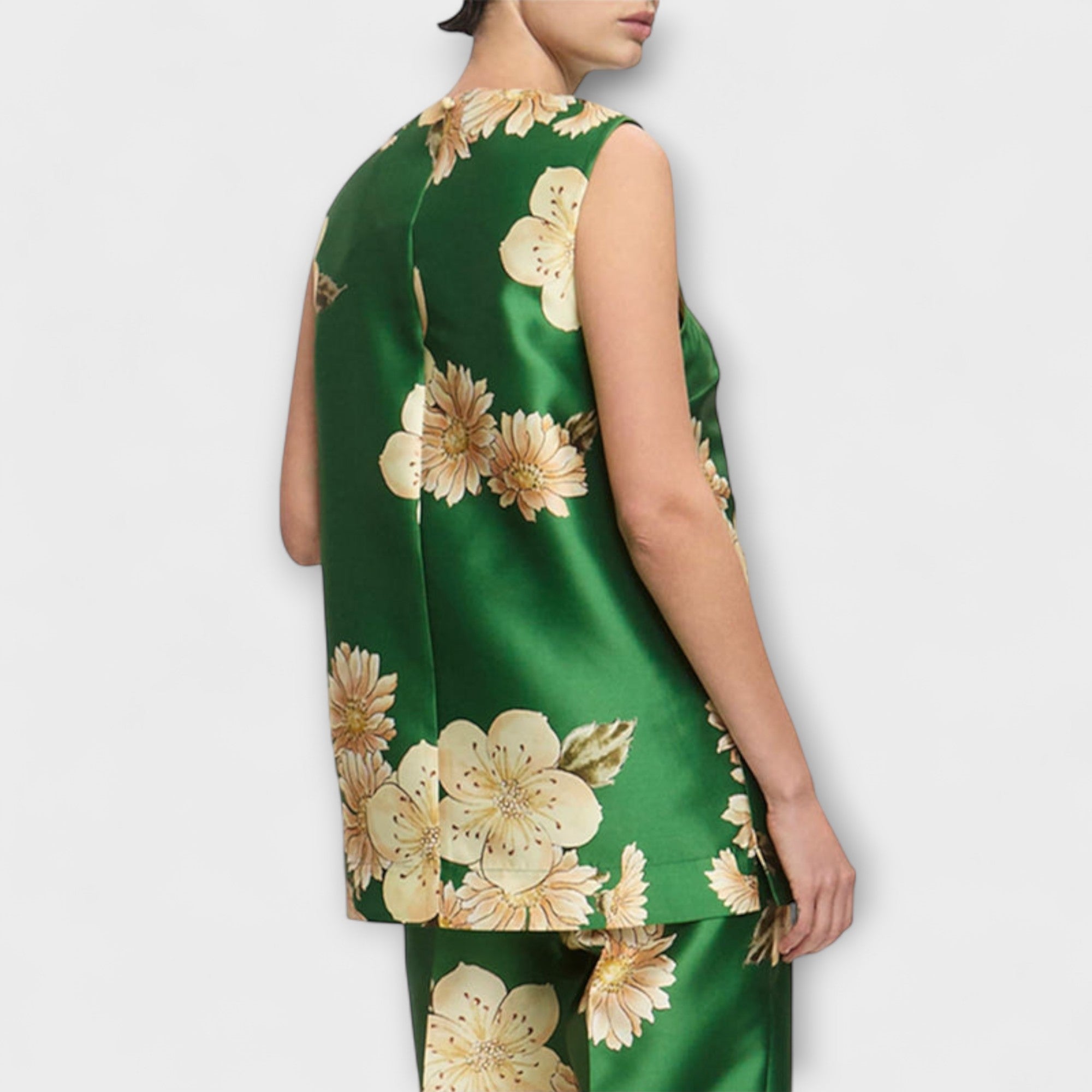Ärmelloses Oberteil mit Blumenmuster und passender Hose, grün, Rückansicht