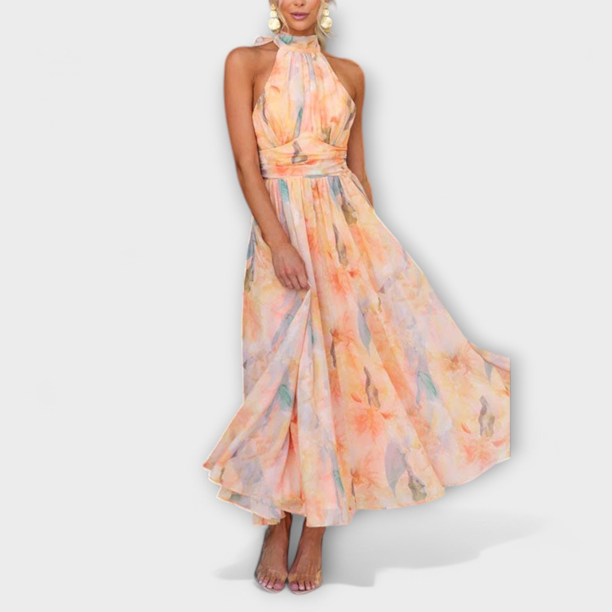 Neckholder-Maxi-Kleid mit Aquarell-Print, hochgeschlossenem Halsschnitt und Faltenrock