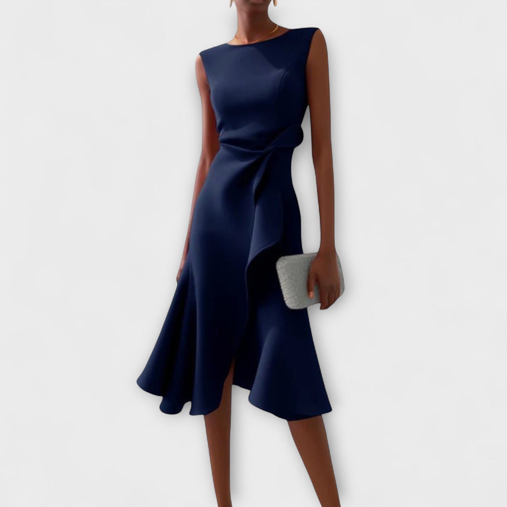 Drapiertes asymmetrisches Midikleid, ärmellos, marineblau, seitliche Drapierung