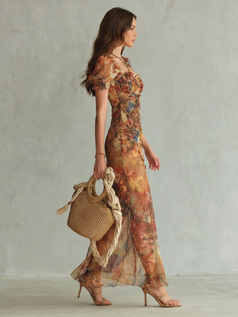 Mehrfarbiges Midi-Kleid mit Rüschenärmeln, tailliertem Schnitt und Bein-Schlitz
