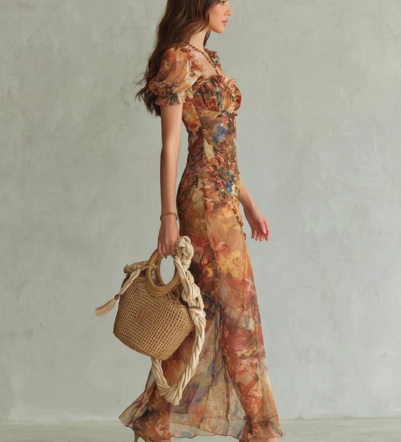 Mehrfarbiges Midi-Kleid mit Rüschenärmeln, tailliertem Schnitt und Bein-Schlitz
