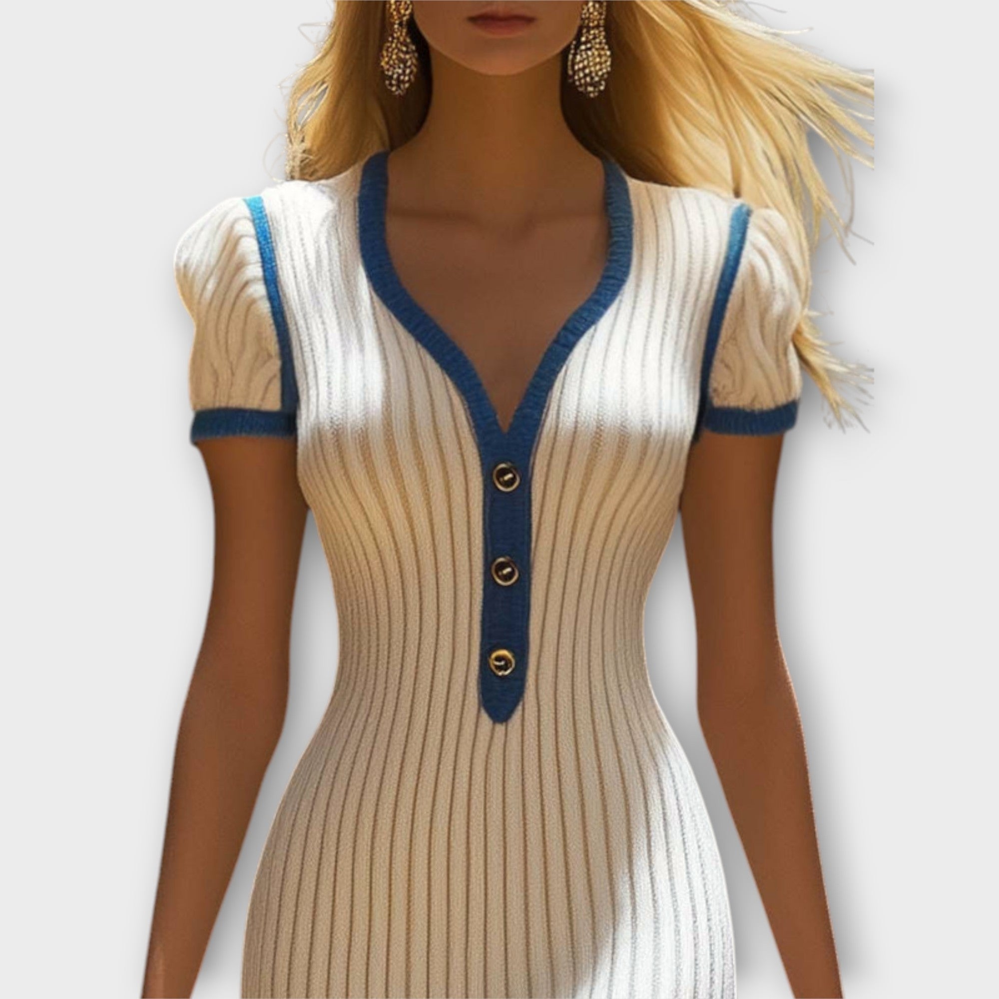 Enges Midi-Strickkleid mit V-Ausschnitt, blauer Knopfleiste und breiten Schulterabschlüssen