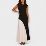 Schwarzes Taillenkleid mit beigem Farbblock, ärmellos, schmaler Schnitt, langer Rock