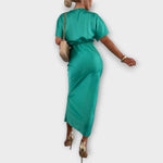 Grünes Satin-Maxikleid mit Bindegürtel in der Taille, Kurzarm, schmal sitzender Rock