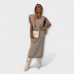 Beigegraues meliertes Kleid mit Rollkragen-Set, knöchellang