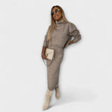Beiges meliertes Kleid mit Rollkragen-Set, langes Design