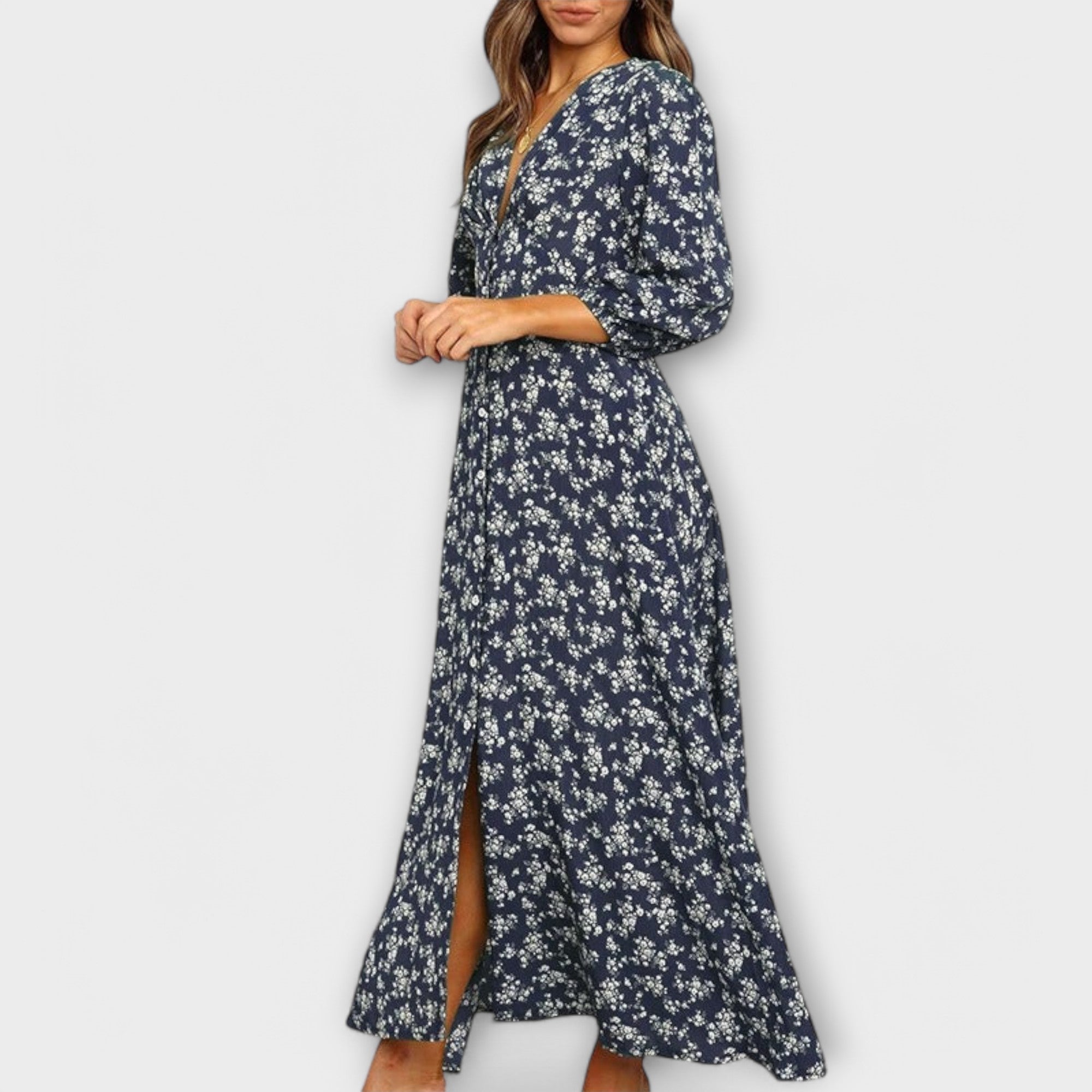 Damen-Maxikleid Blumenmuster, V-Ausschnitt, Knopfleiste, seitlicher Schlitz, dunkelblau
