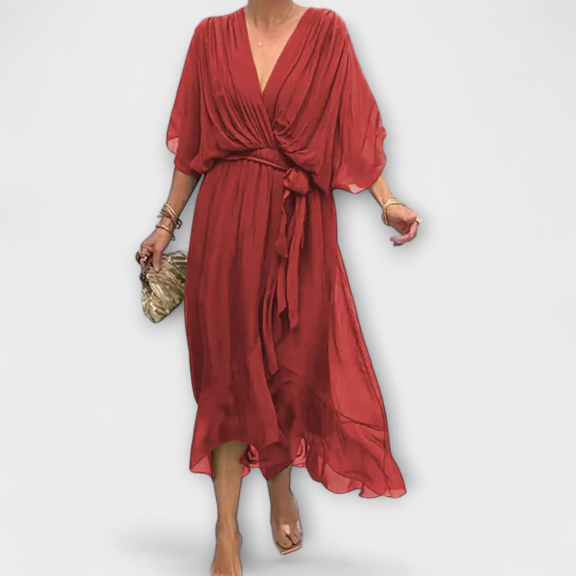 Chiffonkleid mit V-Ausschnitt, bordeauxrot, Wickeloptik mit Bindegürtel, kurze Fledermausärmel