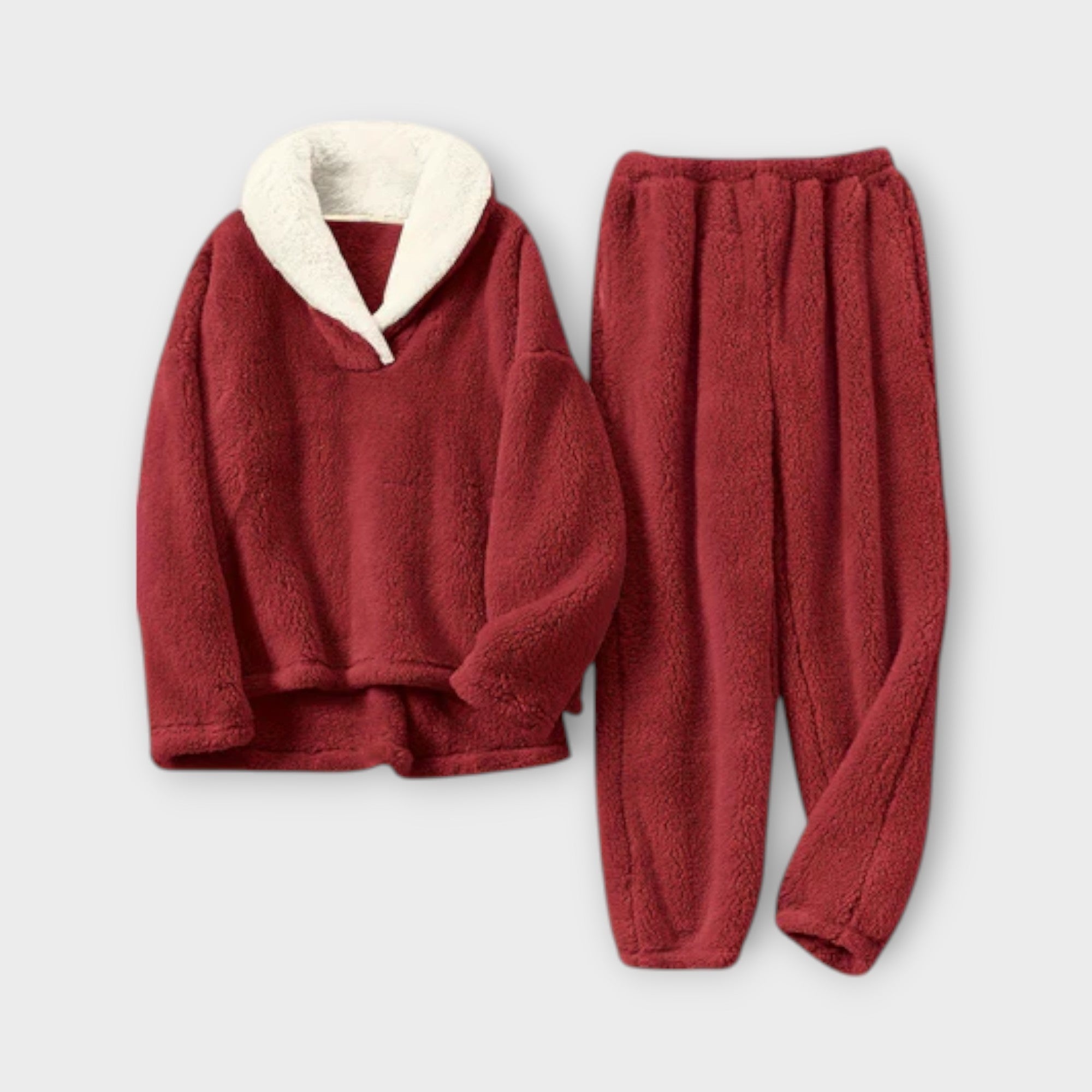 Rotes Flanell-Set: Kapuzenoberteil mit Plüschkragen und Jogginghose