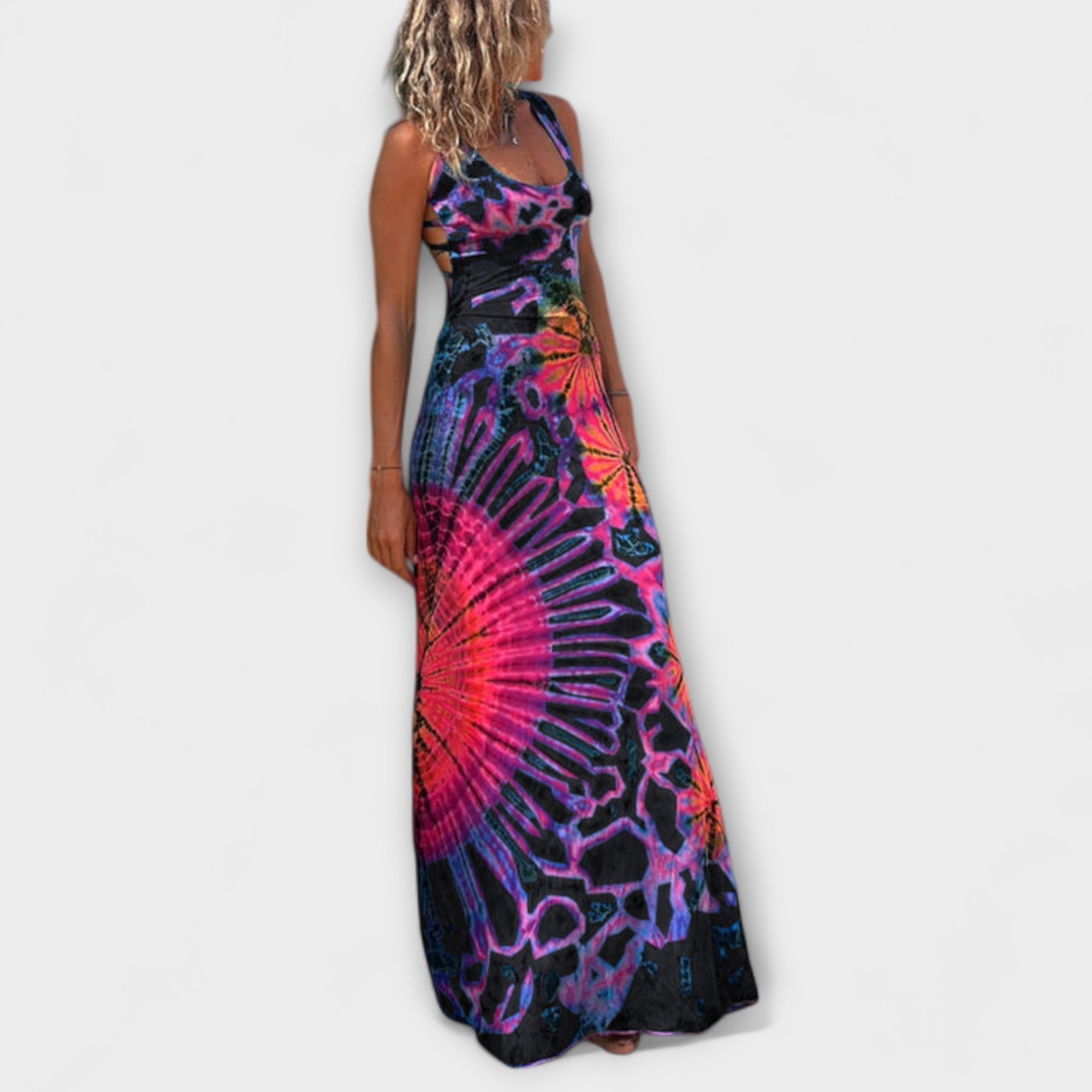 Maxikleid mit Trägern und Tie-Dye-Print in Blau, Pink und Grün, bodenlang