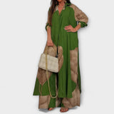 Zweiteiliges Set aus grünem Kleid und offenem Kimono mit beige-braunen Bändern