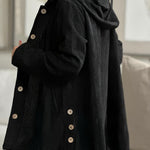 Cordjacke mit Kapuze, schwarze Struktur, Knöpfe vorn, langärmlig