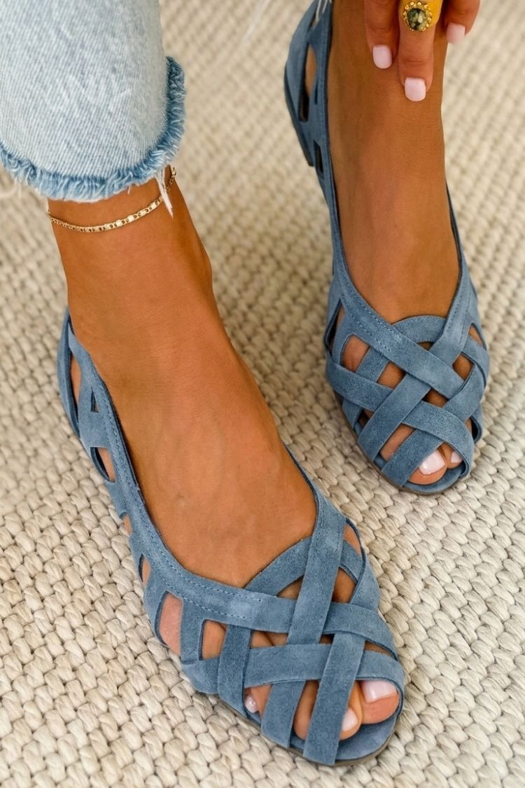 Emma geflochtene Sandalen, hellblaue Riemchen mit offenen Zehen