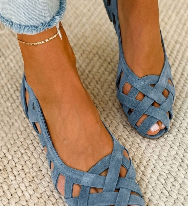 Emma geflochtene Sandalen, hellblaue Riemchen mit offenen Zehen