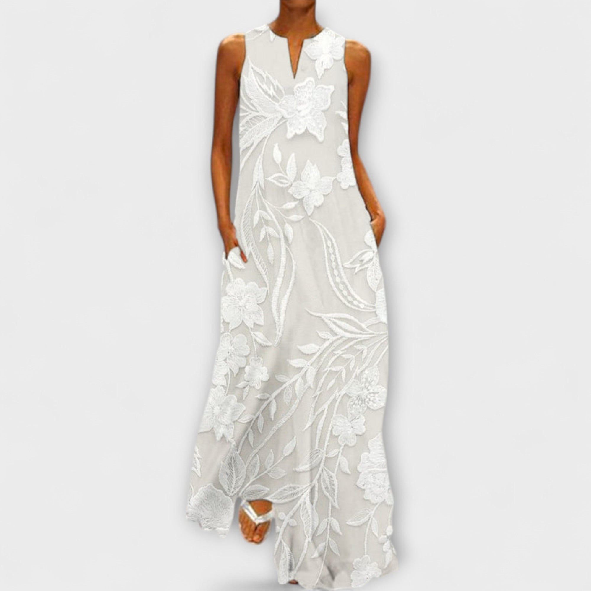 Maxikleid ohne Ärmel mit botanischem Blumenprint, hellbeige/weißem Grund