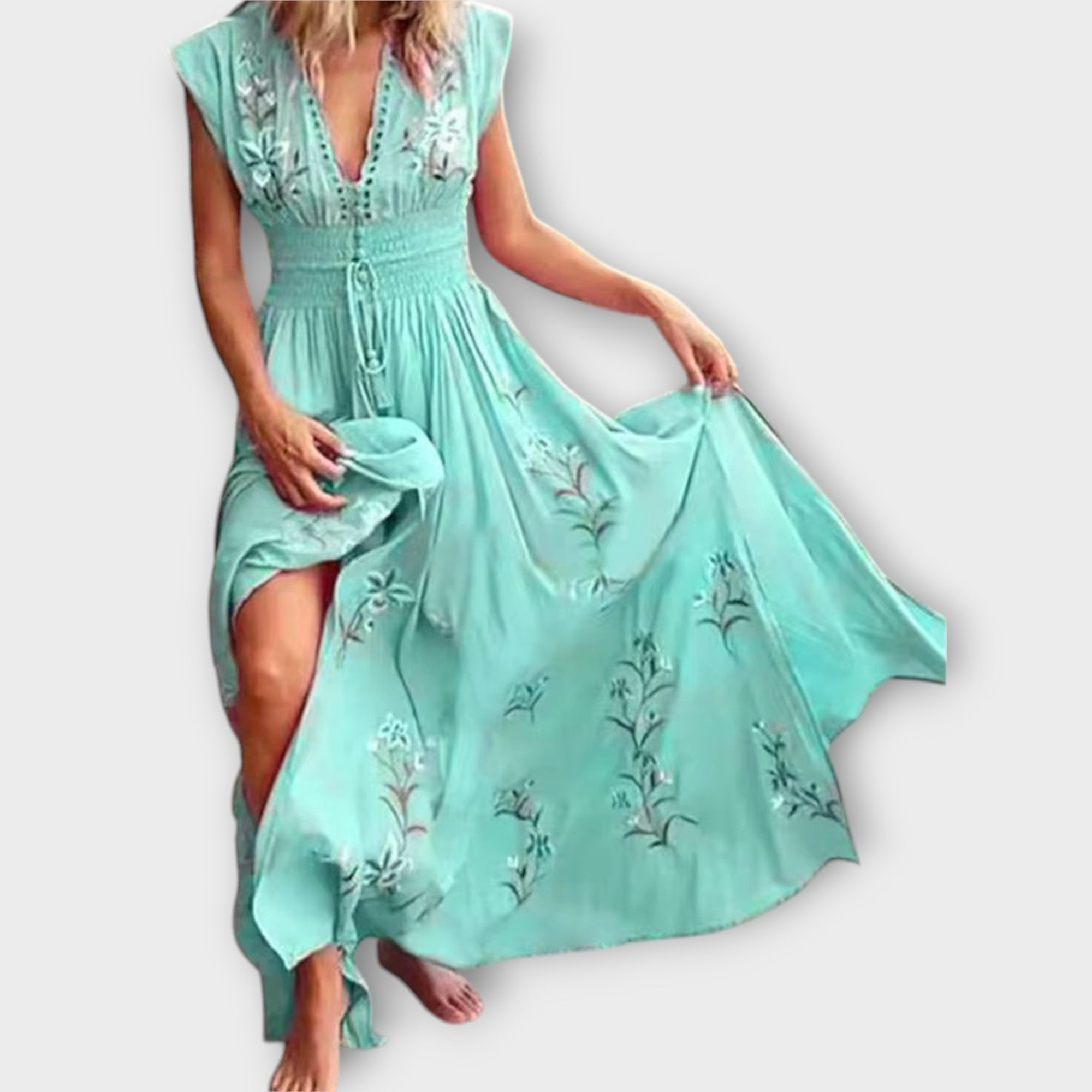 Boho-Kleid in Hellgrün mit Stickereien, V-Ausschnitt und ärmellosem Schnitt