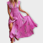 Boho-Kleid in Rosa mit Stickereien, V-Ausschnitt und ärmellosem Schnitt