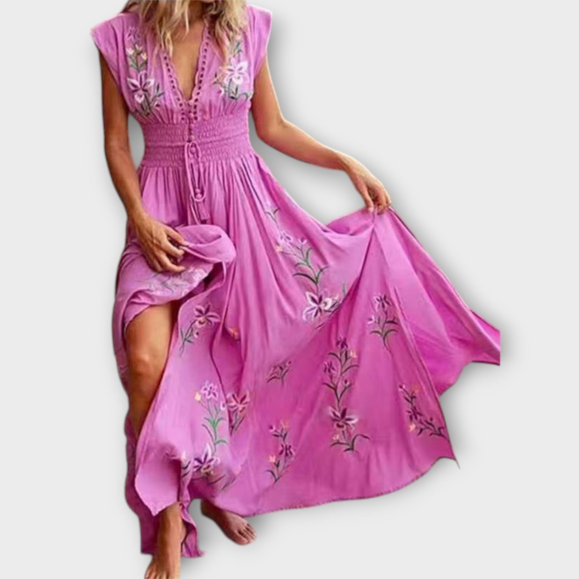 Boho-Kleid in Rosa mit Stickereien, V-Ausschnitt und ärmellosem Schnitt