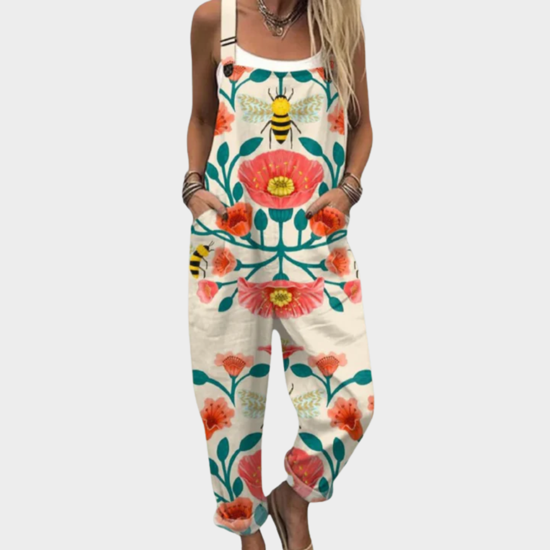 Bequemer Druckoverall mit buntem Blumen- und Bienenprint, ärmellos, langes Bein