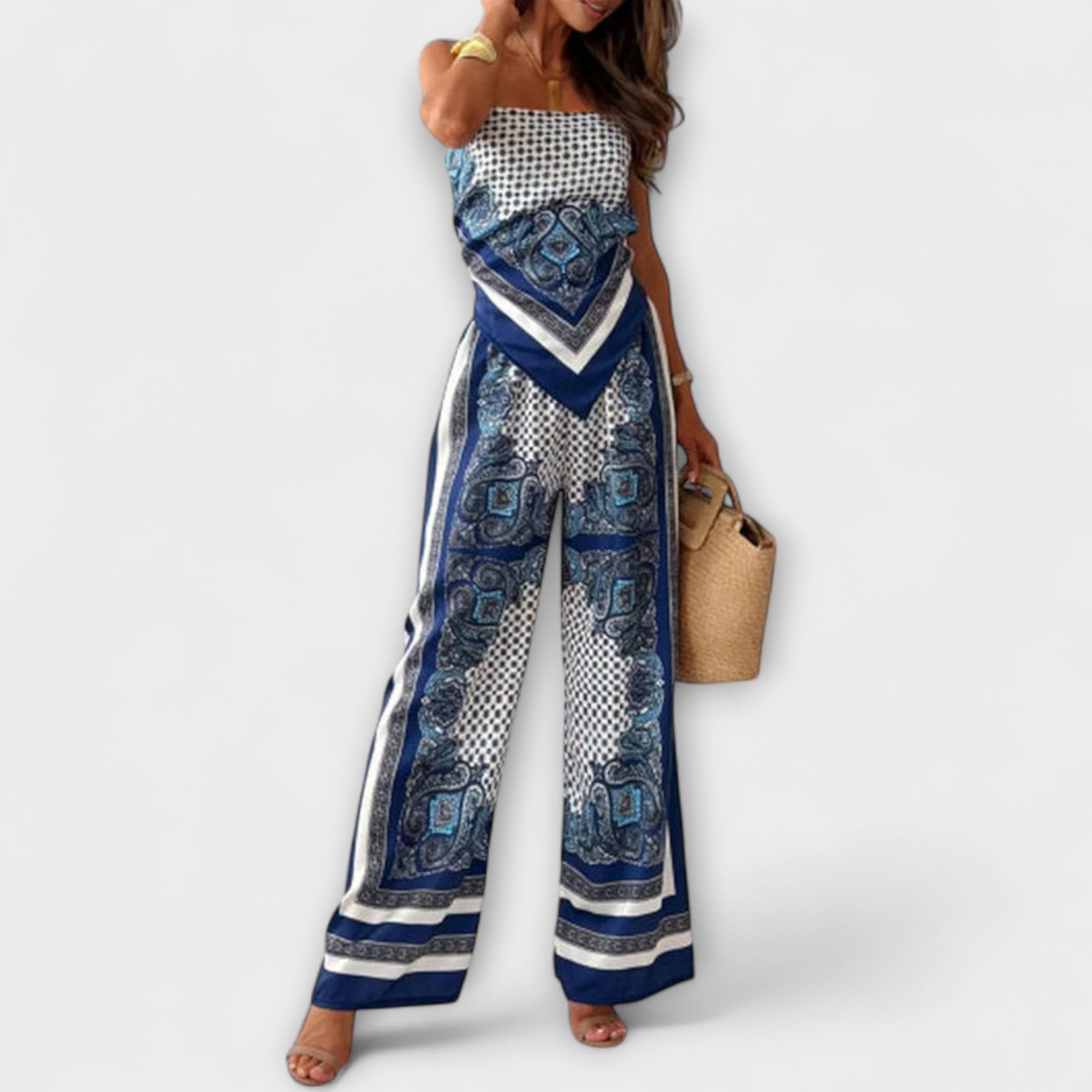 Set aus Schnürwesten und weitem Hosenbein mit blauem Paisley-Print