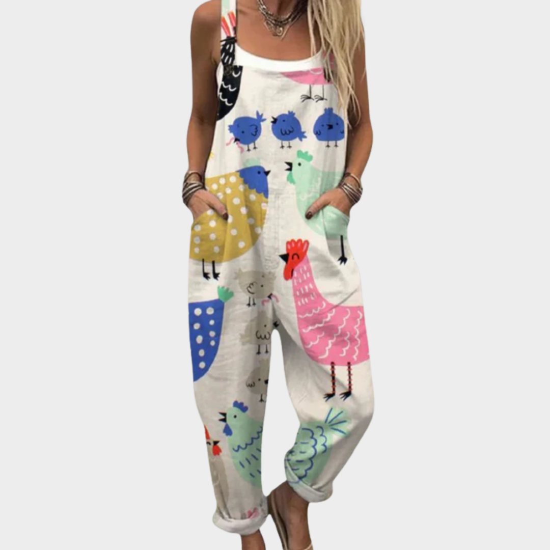 Bequemer bedruckter Overall mit buntem Tier-Comicprint, ärmellos, weite Passform