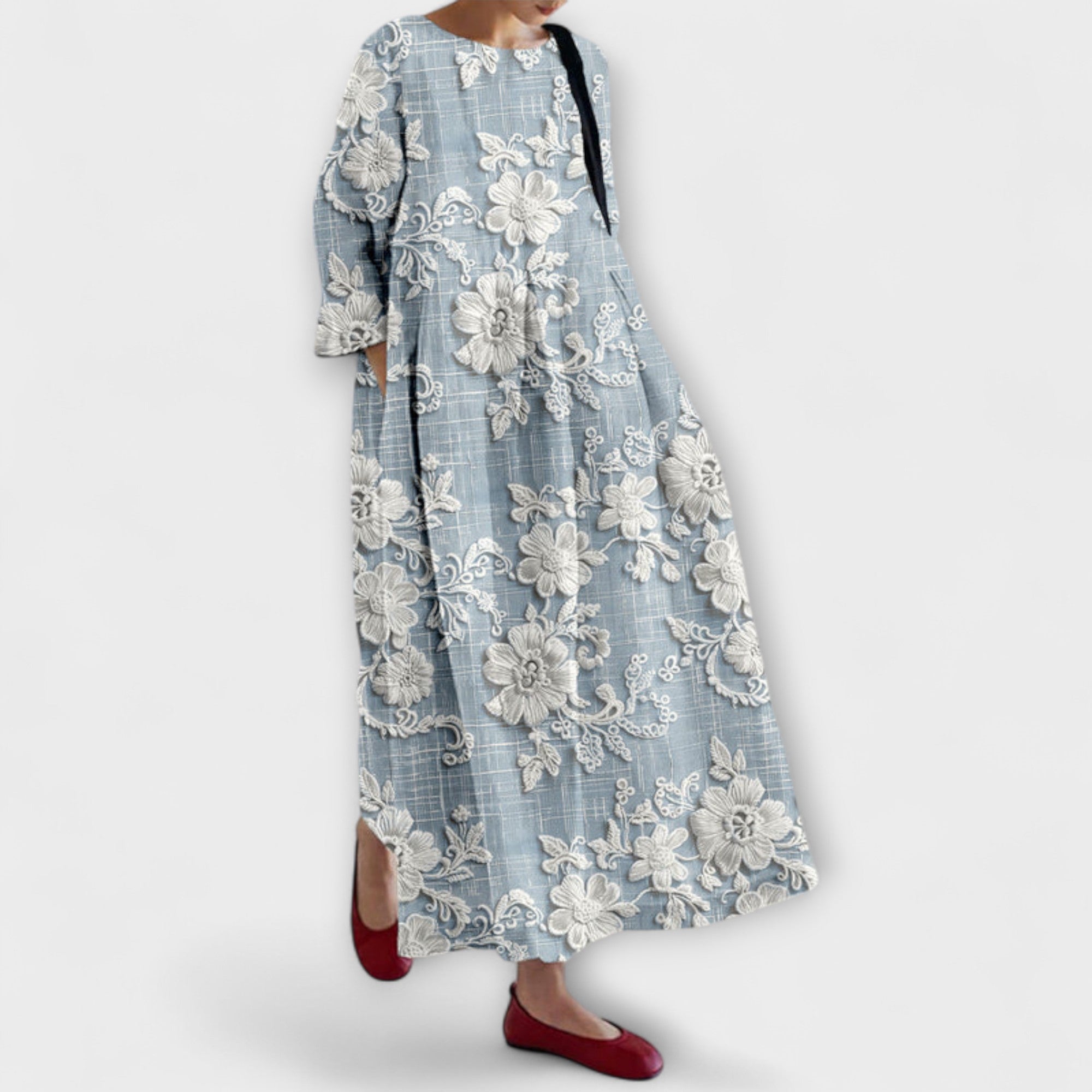 Maxikleid mit floraler Stickerei, blau gemustert, Rundhalsausschnitt, weite Ärmel