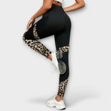 Trainingshose mit hoher Taille, schwarze Leggings mit Leopardenmuster-Einsätzen und Seitentasche