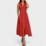 Einreihiges Midi-Kleid mit Bindegürtel, rot, ärmellos, Knopfleiste