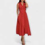 Einreihiges Midi-Kleid mit Bindegürtel, rot, ärmellos, Knopfleiste