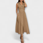 Einreihiges Midi-Kleid mit Bindegürtel, beige, ärmellos, Knopfleiste