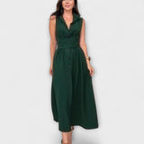 Einreihiges Midi-Kleid mit Bindegürtel, dunkelgrün, ärmellos, Knopfleiste